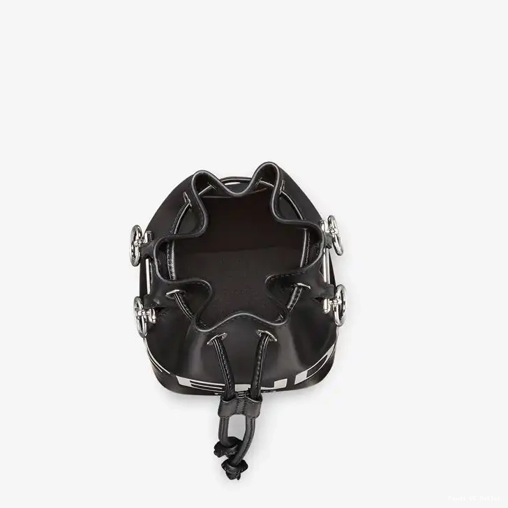 Vintage HOT Fendi Tresor Bag Bucket ROMA Logo Mon In Calf White Leather Mini Black 0625